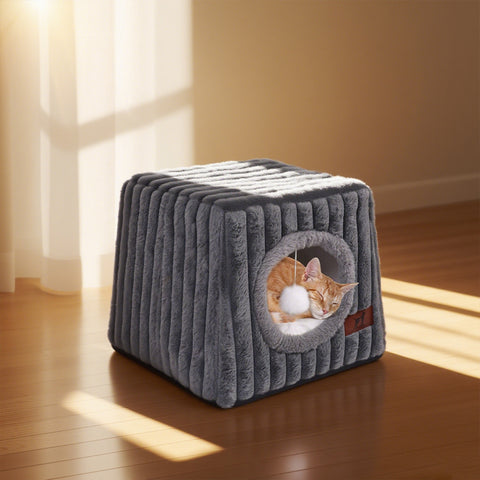 WATANIYA PET Large Cat House for Indoor Cats, Cozy Cat Bed with Cushion and Fluffy Ball Hanging , Grey