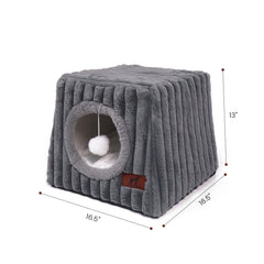 WATANIYA PET Large Cat House for Indoor Cats, Cozy Cat Bed with Cushion and Fluffy Ball Hanging , Grey