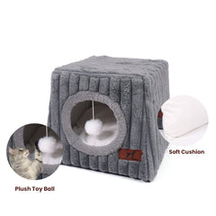 WATANIYA PET Large Cat House for Indoor Cats, Cozy Cat Bed with Cushion and Fluffy Ball Hanging , Grey