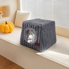 WATANIYA PET Large Cat House for Indoor Cats, Cozy Cat Bed with Cushion and Fluffy Ball Hanging , Grey