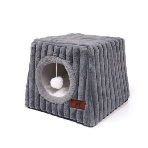 WATANIYA PET Large Cat House for Indoor Cats, Cozy Cat Bed with Cushion and Fluffy Ball Hanging , Grey