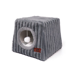 WATANIYA PET Large Cat House for Indoor Cats, Cozy Cat Bed with Cushion and Fluffy Ball Hanging , Grey
